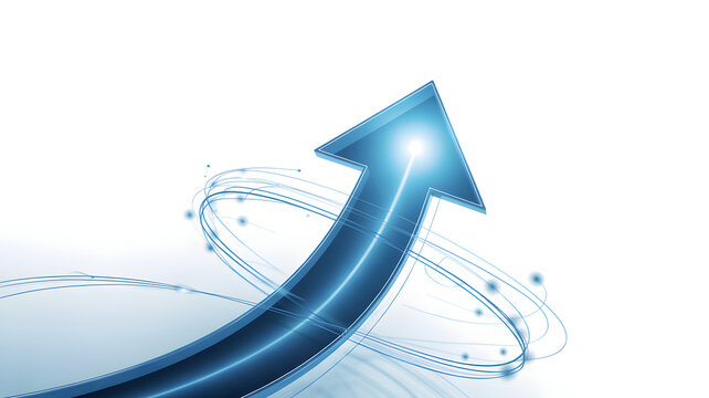 Abstract blue arrow with glowing rings indicating progress and innovation