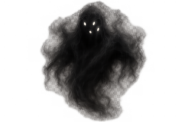 Dark smoke monster with four glowing eyes on a transparent background, depicting a scary ghost or demon