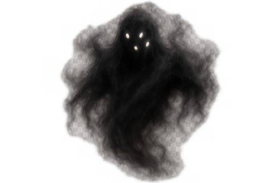 Dark smoke monster with four glowing eyes on a transparent background, depicting a scary ghost or demon