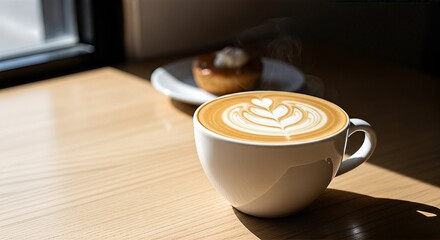 Morning Coffee with Latte Art and Pastry.