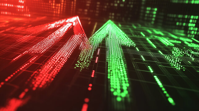 A symbolic scene of red and green arrows crossing over a stock dashboard, representing competing market forces in the business world