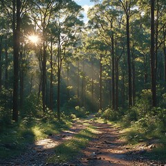 Sunlight streaming through trees in forest nature landscape scenic woodland environment background image