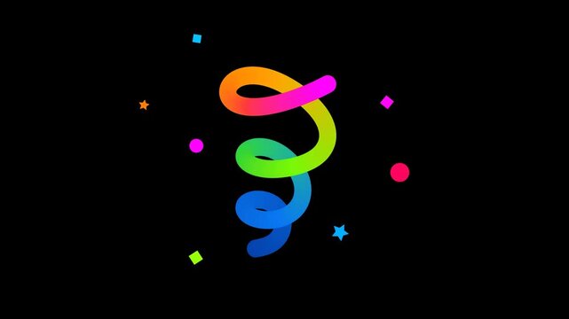 Color Confetti Icons with Gradient Lines, Stars and Swirl Ribbons. Fun Firecracker Explosion. Party and Carnival Celebration 3D Abstract Element. Alpha Channel