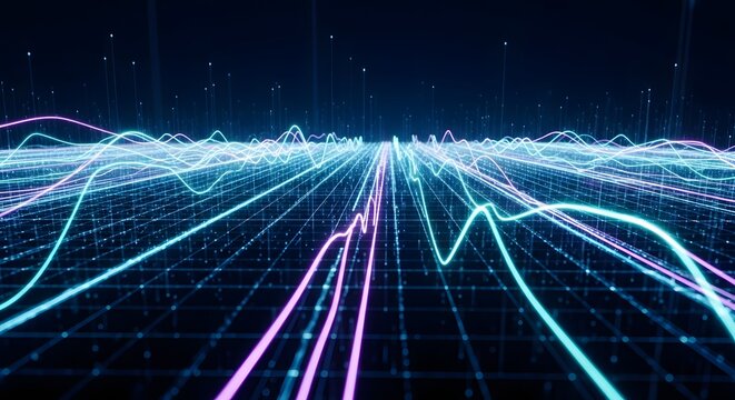 Abstract blue and pink data visualization with grid lines and waving lines in dark background