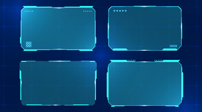 Sci-Fi HUD Frame Set With Neon Blue Interface. A four-panel HUD frame pack with neon-blue interface details and structured sci-fi screen layouts.