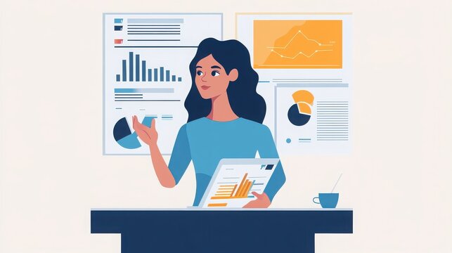 Business woman presenting financial data, charts and graphs in the office