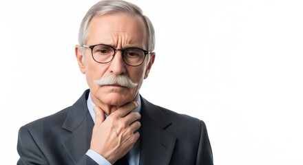 Portrait of a thoughtful senior business man with glasses and a mustache in a suit against a white background.