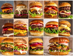 Collage of various hamburgers, showcasing diverse ingredients and presentations