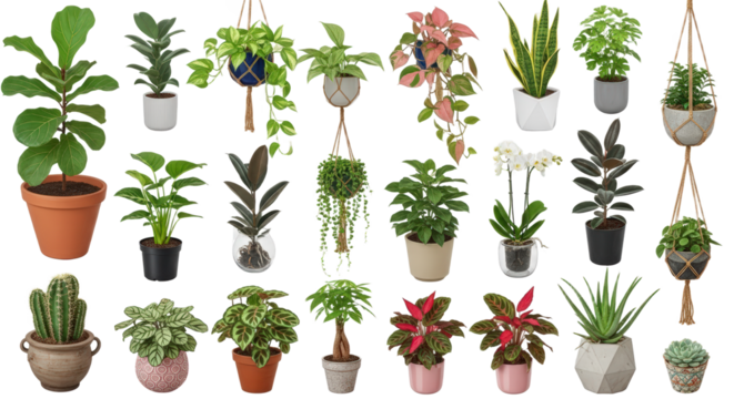 Diverse Collection Of Potted Plants isolated on Transparent Background