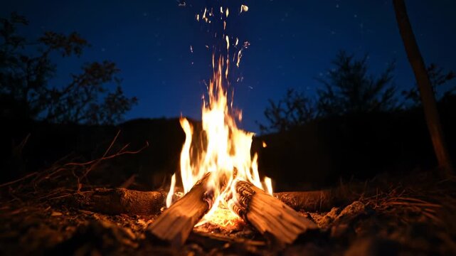A warm campfire burns brightly in the darkness, sparks flying upwards against a deep blue, starlit sky. The fire pit is surrounded by dark trees