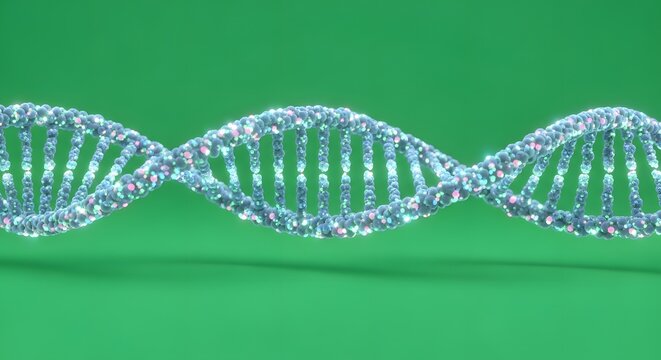 A shimmering dna strand helix structure against a solid green background in a studio shot - Powered by Adobe