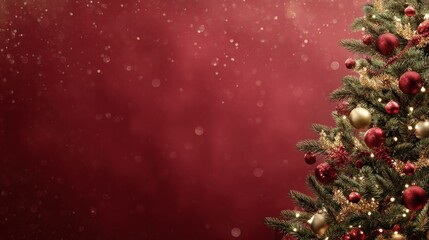 A beautifully decorated Christmas tree with red and gold ornaments set against a rich burgundy background, creating a festive atmosphere.