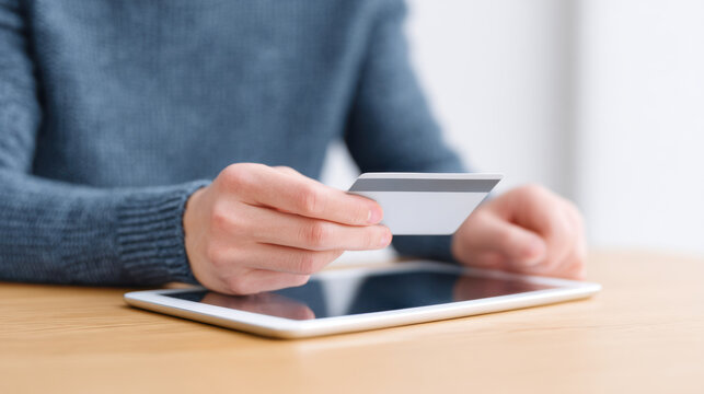 Person holding credit card over tablet for monthly payment online shopping concept