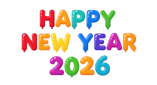 Colorful balloons forming happy new year 2026 text isolated on transparent background - Powered by Adobe