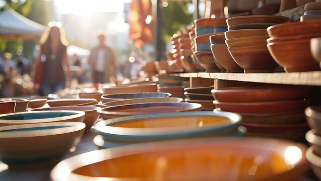 Handmade Pottery Bowls and Plates at an Outdoor Craft Fair Market - Powered by Adobe