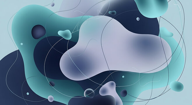 Serene abstract background featuring soft, smooth, and flowing organic shapes in cool tones of teal, navy blue, and lavender. The composition includes translucent elements and thin lines, creating dep