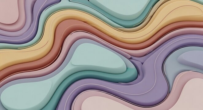 Soft and elegant abstract background featuring smooth, organic, and layered flowing shapes in a blend of pastel colors: mint green, lavender, soft yellow, coral, and beige. The layers create a topogra