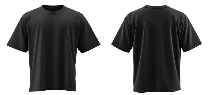 black t-shirt template set on a white background, front and back view of a men's black oversized t-shirt for mock-up design, isolated on a transparent png cutout, with no shadows, in a flat lay