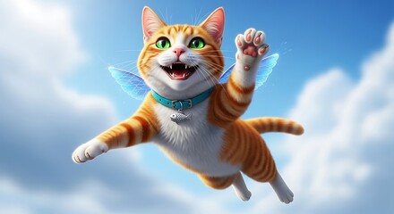 Happy flying ginger cat with magical glowing wings in blue sky
