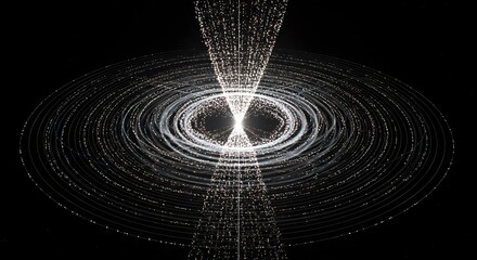 Abstract representation of a black hole with light rings and particle streams on a dark background