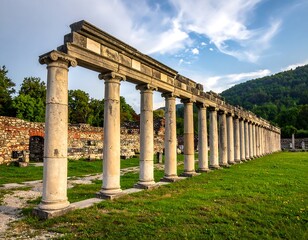 Colonnade of ancient stone pillars under a partly cloudy sky