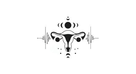 Abstract illustration of a uterus with moon phases and heartbeat rhythm, symbolizing feminine health and cycles.