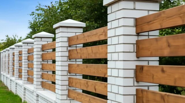 Modern fence with white brick pillars and horizontal wood slats
