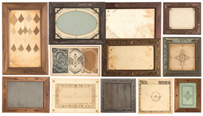 Collage of Vintage Wooden Picture Frames and Aged Paper Inserts Isolated