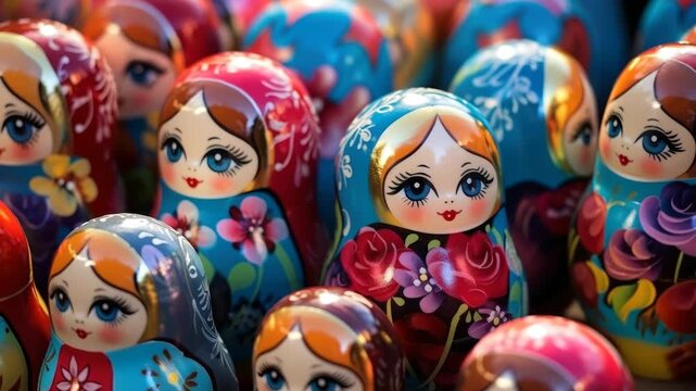 Colorful Russian nesting dolls captured in a close-up angle, showcasing intricate designs. Ideal for a vibrant cultural video background. Live desktop wallpaper.
