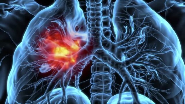 Human Lungs with Tumor Highlighted in Red and Yellow Animated Medical Visualization