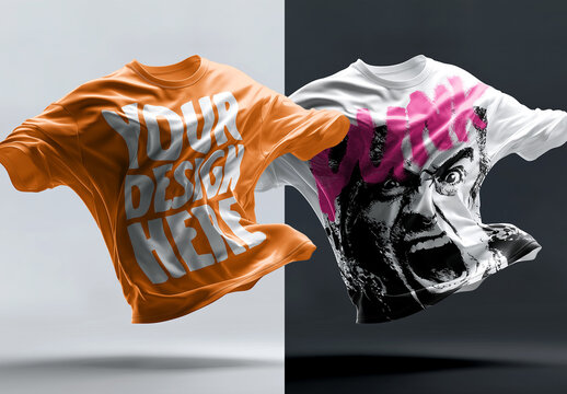 Realistic Single Floating T-Shirt Mockup Template - Blank White Tee Apparel Display on Dynamic Background