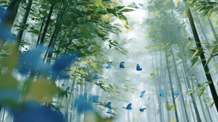 Bamboo Forest Butterflies Nature Art Green Serenity