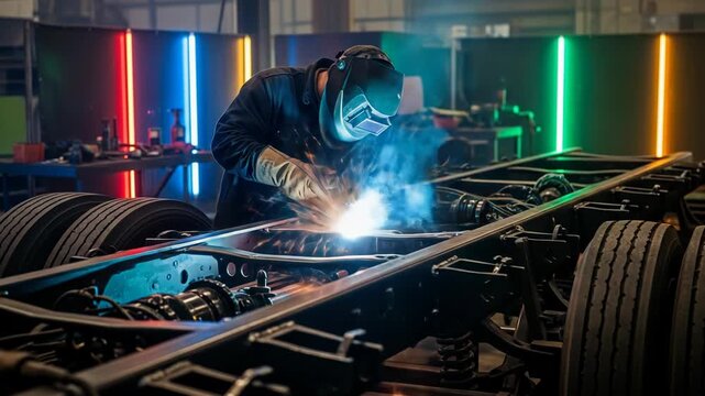 Welder in mask works on truck frame, sparks fly, colorful lights behind