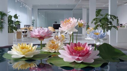Lotus Flowers in Office - Modern Workspace Serenity