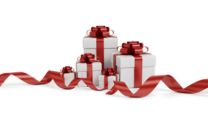 A collection of white gift boxes with red ribbons and bows