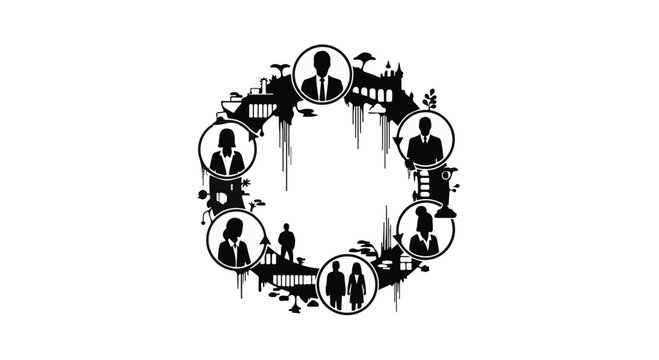 Diverse group of professionals connected in a circular community forming a global network.