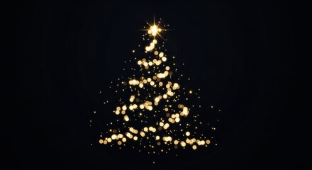 Christmas tree shape made from warm golden bokeh lights and small, sparkling particles on black