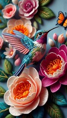 Hummingbird in flight surrounded by blooming flowers and a butterfly