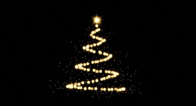 Christmas tree formed by a glowing spiral string of golden bokeh lights and scattered particles