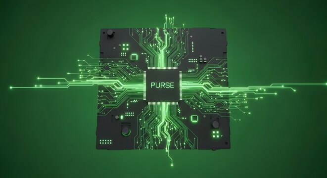 A digital purse represented by a glowing green circuit board on a green background image