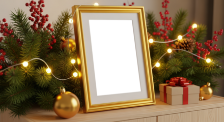 Golden Empty Picture Frame Surrounded by Festive Christmas Decorations and Twinkling Lights
