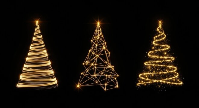 Three abstract golden Christmas trees light spiral, geometric wireframe, and sparkling trail