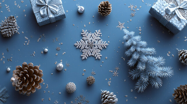 Festive winter holiday arrangement with pine cones and snowflakes on blue background