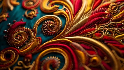 Intricate Detailed Embroidery Design with Gold and Crimson Threads Artwork