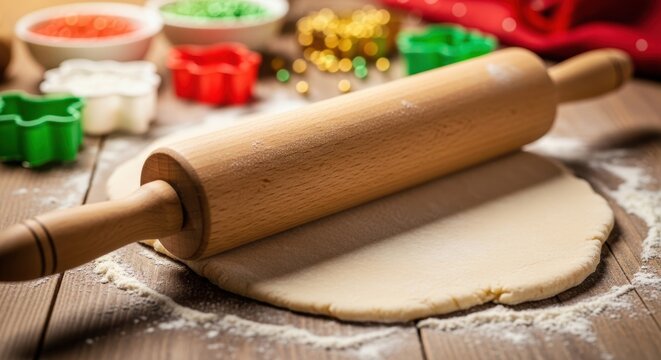 A close-up of a rolling pin on flour-dusted dough for Christmas cookies, with cookie cutters and sprinkles in the background as soft, colorful bokeh shapes.