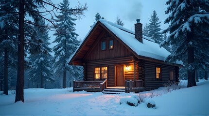 Cozy log cabin with glowing lights nestled in a snowy pine forest during a tranquil winter evening.