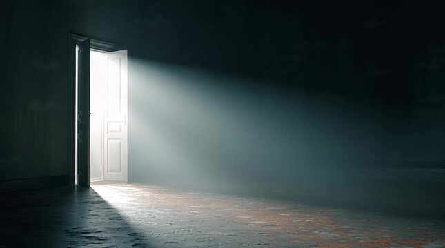 Light From Opening Door Illuminating Dark Room in Dramatic Contrast