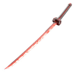 Bloodstained katana: A red-toned katana blade, symbolizing the elegance and deadly efficiency of ancient weaponry, evokes the skill and mystique of a storied past.