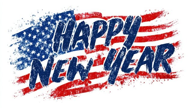 Beautiful photo of happy New Year 2026 USA America background banner panorama greting card template American waving flag and lettering, isolated on rustic white texture.
