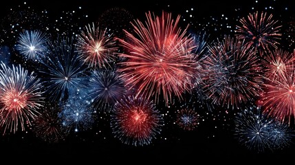 Beautiful photo of happy New Year 2026 USA - Red blue white firework banner, sylvester new year's eve, new year fireworks isolated on black night sky texture.